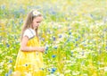 Little pretty girl in yellow Russian dress picking flowers in field of wild flowers on summer day Royalty Free Stock Photo