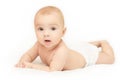 Little pretty kid. Lying at home. White background. Happy expression Royalty Free Stock Photo