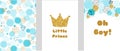 Little prince Baby shower card template set. Oh Boy blue invitation design for baby shower party. Gold crown. Royalty Free Stock Photo