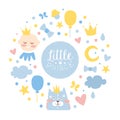 Little Prince Banner Template, Baby Boy Shower and Birthday Party Design with Cute Childish Pattern Cartoon Vector Royalty Free Stock Photo