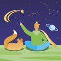 Fox, little prince, starry sky as a book plot, love concept, flat vector stock illustration with a little prince as a book