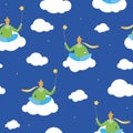 Little prince, cloud, star seamless pattern as friendship concept, flat vector stock illustration with little prince on the clouds Royalty Free Stock Photo