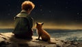 The Little Prince and the fox sit down speaking together a night full of stars, personages Royalty Free Stock Photo