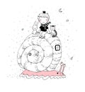 The little prince, kitten and bunny ride a snail. Cute funny boy. Design for a boy