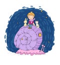 The little prince, kitten and bunny ride a snail. Cute funny boy. Design for a boy