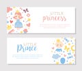 Little Prince and Princess Banner Templates Set, Baby Boy and Girl Shower or Birthday Party Poster, Invitation Card Royalty Free Stock Photo