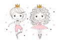 Little prince and princess in pointe shoes are dancing ballet. A boy and a girl are engaged in dancing. Cute doodle illustration, Royalty Free Stock Photo