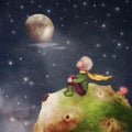 The Little Prince with a rose on a planet in beautiful night sky