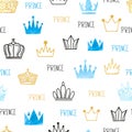 Little prince seamless pattern in blue and golden colors. Royalty Free Stock Photo