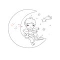 The little prince is sitting on the moon. Cute cartoon kid with toys. A boy with a teddy bear and a bunny. Time to sleep