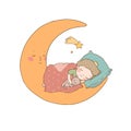 The little prince is sleeping on the moon. Cute cartoon boy in bed