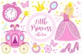 Little Princess cute pink set objects, icons cartoon style . Pretty girl in beautiful dress with a crown, carriage Royalty Free Stock Photo