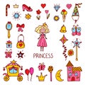 Little princess design elements. Cute hand drawn princess collection. Sweet princess set of vector icons