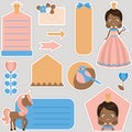 Cute collection of dark skin princess, bird, and unicorn. Ready to use digital stickers for children