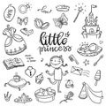 Little princess funny graphic set. Girls dress, butterfly, mirror, sweets, gifts, diamond ring, dragon, hearts and stars. Isolate