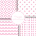 Little princess girl. Romantic pink theme with hearts and other shapes. Seamless vector pattern background set