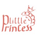 Little Princess hand lettering. Curly-haired girl sleeps in a crown . Cute vector illustration on white background