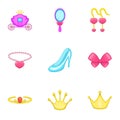 Little princess icons set, cartoon style Royalty Free Stock Photo