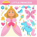 Little princess, magic unicorn or crystal shoes and golden royal crown vecor flat icons Royalty Free Stock Photo