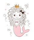 Little princess mermaid in the underwater world. The girl in the crown swims with fish. Sketch for postcards, poster for