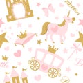 Cute girlish seamless pattern with royal carriage,castle and unicorn. Vector pink background with crown and star. Royalty Free Stock Photo