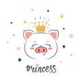 Little princess pig vector illustration. Cute piggy with crown