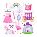 Little princess pink icons set. Vector illustration of unicorn, castle, crown, flamingo, girls dress, rainbow, carriage Royalty Free Stock Photo