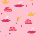 Little Princess Seamless Pattern. Bright Pink, Cream Colors. Illustration Of Crowns And Little Hearts. Beautiful Elegance Crystal
