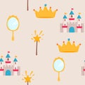Little Princess Seamless Pattern. Bright Pink, Cream Colors. Illustration Of Crowns And Little Hearts
