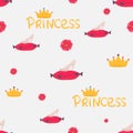 Little Princess Seamless Pattern. Bright Pink, Gray, Cream Colors. Illustration Of Crowns And Little Hearts