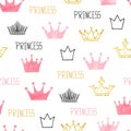 Little princess seamless pattern in pink and golden colors. Royalty Free Stock Photo