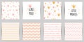 Little princess seamless pattern set in pink golden color queen crown background card Striped Zigzag