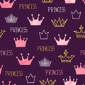 Little princess seamless pattern with watercolor and glittering crowns. Royalty Free Stock Photo
