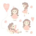 Little Princess. Set - a cute little girl with her tongue out, teasing, lying on a pillow, standing with a balloon, jumping on one