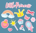 Little princess set of modern fashionable stickers, patches badges. Cute, pink accessories collection with mirror Royalty Free Stock Photo