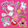 Little Princess Stickers, Badges and Patches. Doodle for Cute Girl with Unicorn, Crown and Lollipop