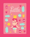 Little princess, vector illustration. Cute baby girl with crown and magic wand, flat style icons, poster in pink colors Royalty Free Stock Photo