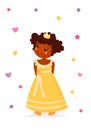 Little princesse in yellow beautiful dresse and gold crown. Cute smiling queen. Fairy tale pretty kids. Cartoon style.