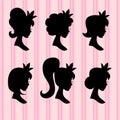 Little princesses vector portrait. Young girl faces with crown black profiles