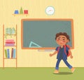 Little Pupil near Chalkboard in Classroom Vector