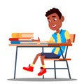 Little Pupil At A Desk Reading Book In The Classroom Vector. Black, Afro American. Isolated Illustration