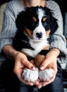 Little puppy of bernese mountain dog on hands of fashionable girl with a nice manicure. animals, fashion Royalty Free Stock Photo