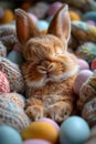 a little rabbit asleep on top of a pile of crocheted eggs