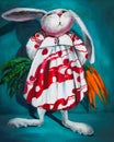 Funny rabbit in a dress with carrots. Oil Painting on canvas.