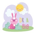 Little rabbit sitting grass sun clouds cartoon cute text