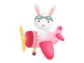 Little rabbit wearing aviator goggles flying an airplane. Funny baby character flying on plane for greeting card, baby shower, Royalty Free Stock Photo