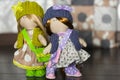 Little rag dolls dressed in polka dot dresses, knitted hats with bows, knitted vests, sneakers