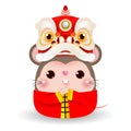 Little rat with Lion Dance Head, Happy Chinese new year 2020 year of the rat zodiac, Cartoon vector illustration isolated Royalty Free Stock Photo