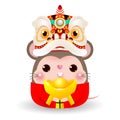 Little rat with Lion Dance Head holding Chinese gold, Happy Chinese new year 2020 year of the rat zodiac, Cartoon vector Royalty Free Stock Photo