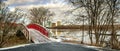 Little red bridge in Parc Desmarchais is a park for relaxing Royalty Free Stock Photo